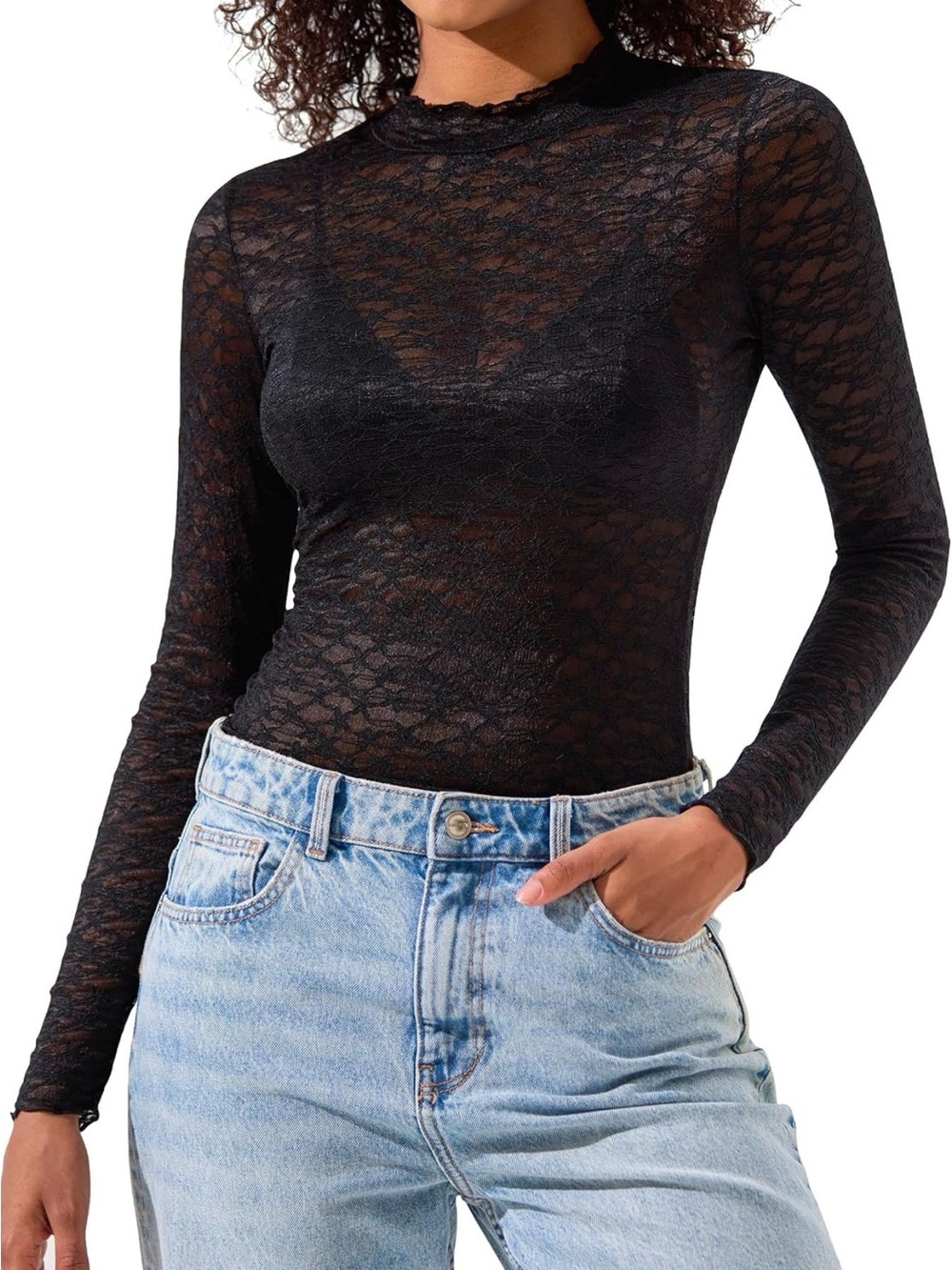 IWD Women’s Black Long Sleeve Sheer Floral Lace Mockneck Blouse Size Small NWT
